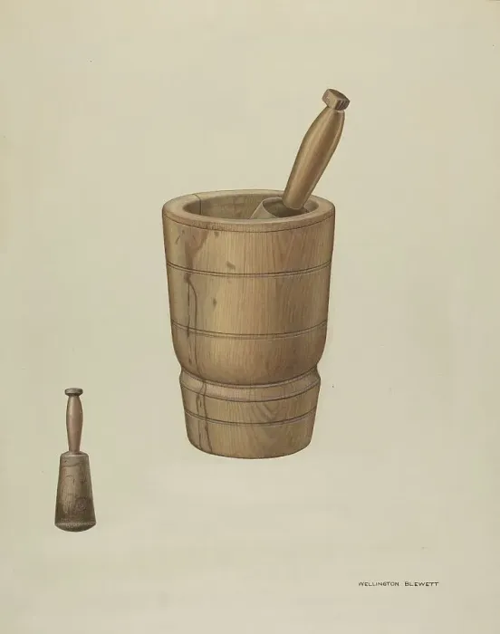 Framed Print : Mortar and Pestle, c. 1937. Creator: Wellington Blewett Framed Print : Mortar and Pestle, c. 1937. Creator: Wellington Blewett