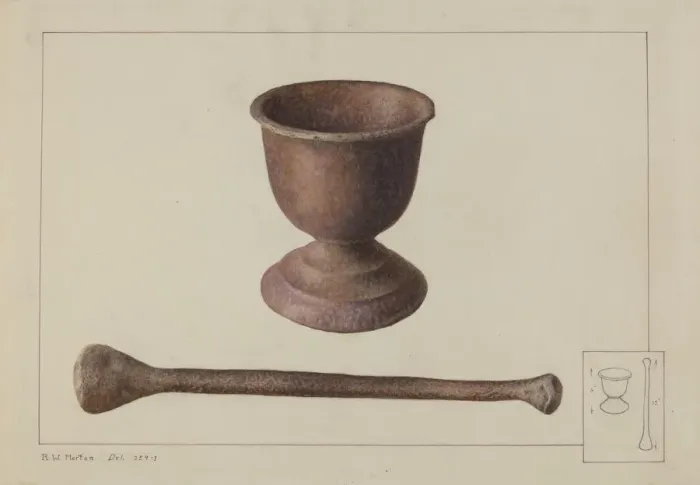Framed Print : Mortar and Pestle, c. 1938. Creator: Ralph Morton Framed Print : Mortar and Pestle, c. 1938. Creator: Ralph Morton