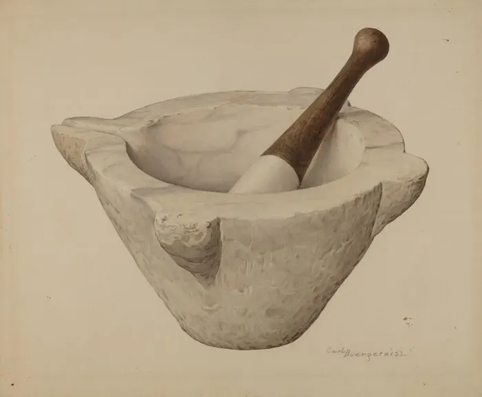 Framed Print : Mortar and Pestle, c. 1939. Creator: Carl Buergerniss Framed Print : Mortar and Pestle, c. 1939. Creator: Carl Buergerniss