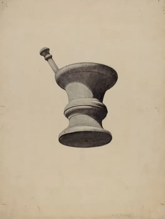 Framed Print : Mortar and Pestle Sign, c. 1939. Creator: Sydney Roberts Framed Print : Mortar and Pestle Sign, c. 1939. Creator: Sydney Roberts
