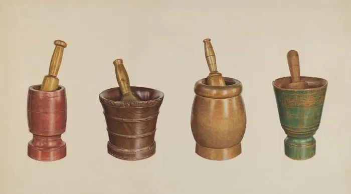 Framed Print : Mortar and Pestles, c. 1937. Creator: Elizabeth Moutal Framed Print : Mortar and Pestles, c. 1937. Creator: Elizabeth Moutal