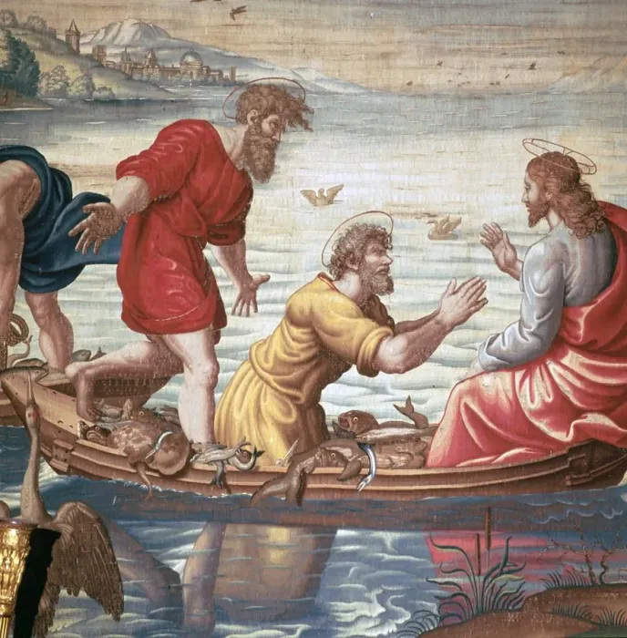 Framed Print : Detail from Mortlakes Tapestries, showing the miraculous draft of fishes, 17th century Framed Print : Detail from Mortlakes Tapestries, showing the miraculous draft of fishes, 17th century