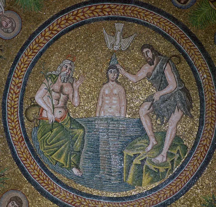 Framed Print : A mosaic of the baptism of Christ, 5th century Framed Print : A mosaic of the baptism of Christ, 5th century