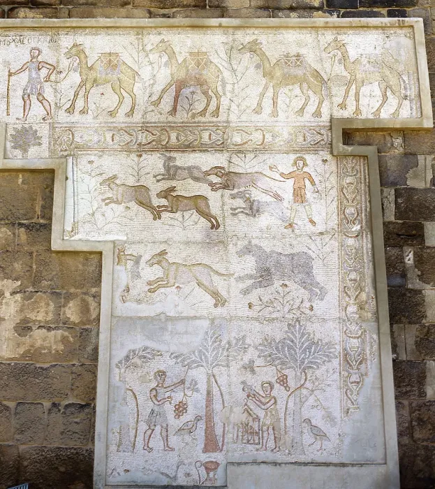 Framed Print : Mosaic with camel caravan and hunting and agricultural works, Roman Theatre, Bosra, Syria, (2001). Creator: LTL Framed Print : Mosaic with camel caravan and hunting and agricultural works, Roman Theatre, Bosra, Syria, (2001). Creator: LTL