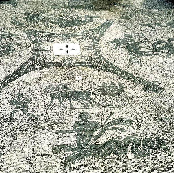 Mosaic, Carts pulled by mules with travellers, Cisarii. c1st Century