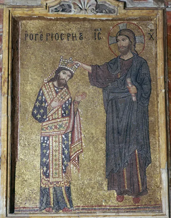 Framed Print : A mosaic of Christ crowning Roger II, 12th century Framed Print : A mosaic of Christ crowning Roger II, 12th century