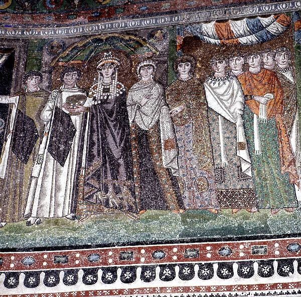 Mosaic with the Empress Theodora and her entourage at the Church of San Vitale in Ravenna
