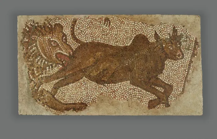 Framed Print : Mosaic of a Lion Chasing a Bull, 5th-6th century. Creator: Unknown Framed Print : Mosaic of a Lion Chasing a Bull, 5th-6th century. Creator: Unknown