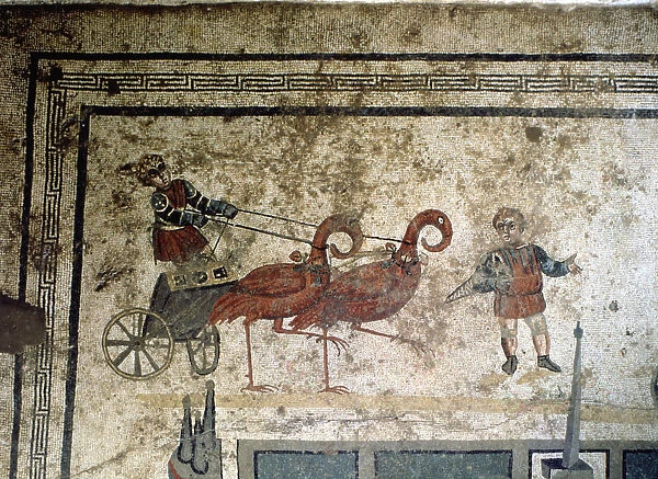 Mosaic with the representation of a chariot drawn by birds