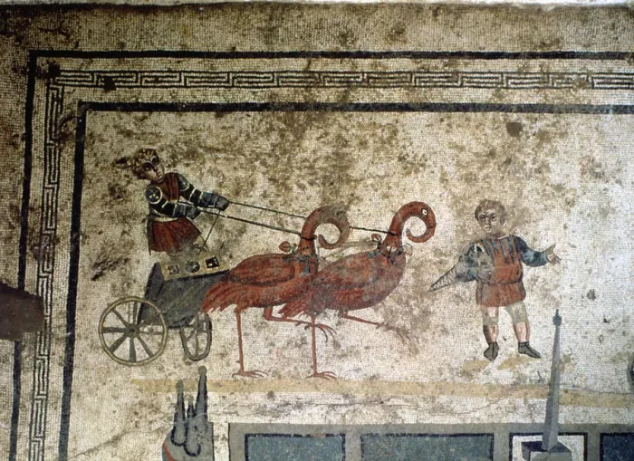 Framed Print : Mosaic with the representation of a chariot drawn by birds Framed Print : Mosaic with the representation of a chariot drawn by birds