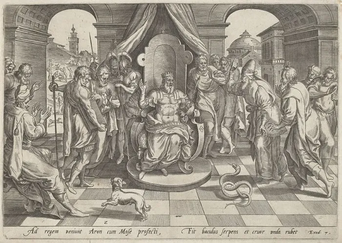 Framed Print : Moses and Aaron before the Pharaoh, c.1585. Creator: Jan Wierix Framed Print : Moses and Aaron before the Pharaoh, c.1585. Creator: Jan Wierix