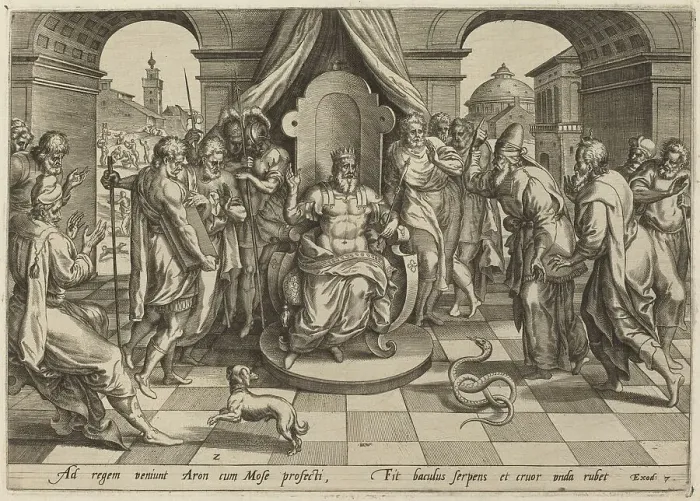 Framed Print : Moses and Aaron before the Pharoah, 1585. Creator: Jan Wierix Framed Print : Moses and Aaron before the Pharoah, 1585. Creator: Jan Wierix