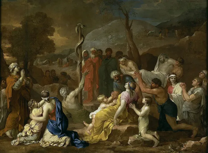 Framed Print : Moses and the Brazen Serpent, 1653-1654. Artist: Bourdon, Sebastien (1616-1671) Framed Print : Moses and the Brazen Serpent, 1653-1654. Artist: Bourdon, Sebastien (1616-1671)