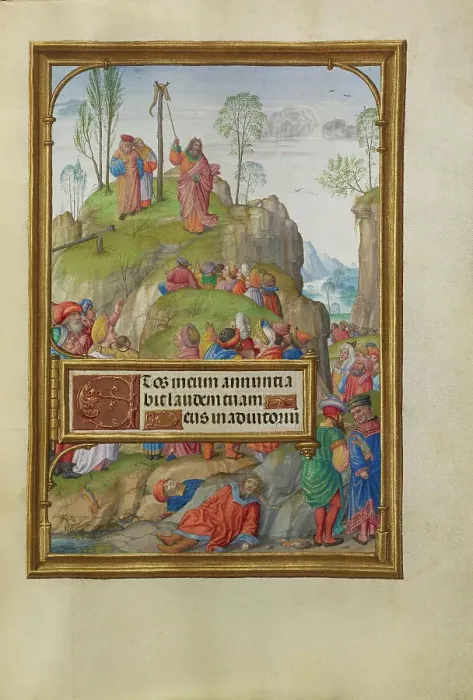 Framed Print : Moses and the Brazen Serpent; Spinola Hours, about 1510-1520. Creator: Master of James IV of Scotland Framed Print : Moses and the Brazen Serpent; Spinola Hours, about 1510-1520. Creator: Master of James IV of Scotland