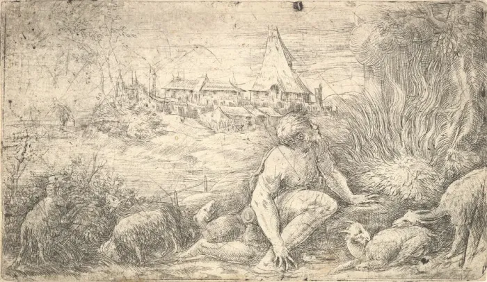 Framed Print : Moses and the burning bush, ca. 1544-47. Creator: Andrea Schiavone Framed Print : Moses and the burning bush, ca. 1544-47. Creator: Andrea Schiavone
