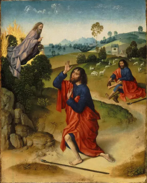 Framed Print : Moses and the Burning Bush, with Moses Removing His Shoes, ca 1465. Artist: Bouts Framed Print : Moses and the Burning Bush, with Moses Removing His Shoes, ca 1465. Artist: Bouts