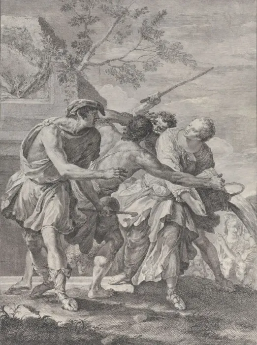 Framed Print : Moses defending the daughters of Jethro, 1732-50. Creator: Pietro Monaco Framed Print : Moses defending the daughters of Jethro, 1732-50. Creator: Pietro Monaco