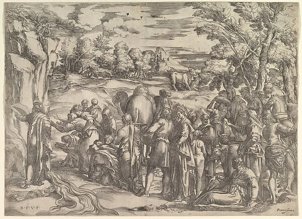 Moses Drawing Water from the Rock, at left with water flowing, various figures