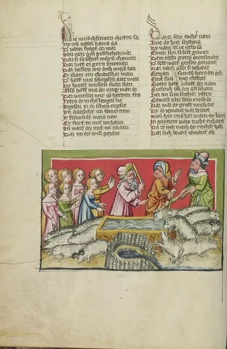 Framed Print : Moses Driving Away the Shepherds at the Well in Midian; Weltchronik, about 1400-1410. Creator: Unknown Framed Print : Moses Driving Away the Shepherds at the Well in Midian; Weltchronik, about 1400-1410. Creator: Unknown