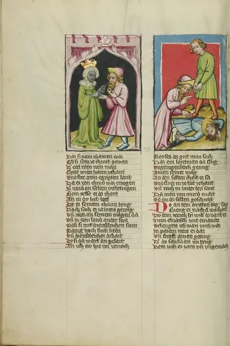 Framed Print : Moses Leaves Tabris, the King's Daughter, with a Magic Ring: Moses Killing an... about 1400-10. Creator: Unknown Framed Print : Moses Leaves Tabris, the King's Daughter, with a Magic Ring: Moses Killing an... about 1400-10. Creator: Unknown