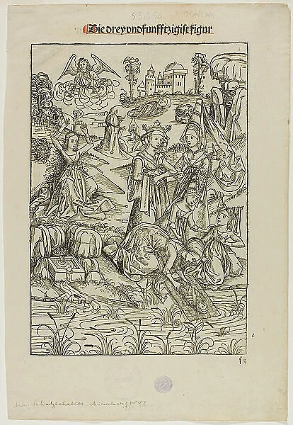 Moses Found by Pharaoh's Daughter (recto) and Judas's Betrayal (verso), pages 53... 1491. Creator: Michael Wolgemut