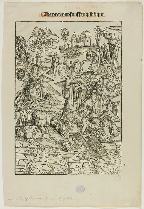 Framed Print : Moses Found by Pharaoh's Daughter (recto) and Judas's Betrayal (verso), pages 53... 1491. Creator: Michael Wolgemut Framed Print : Moses Found by Pharaoh's Daughter (recto) and Judas's Betrayal (verso), pages 53... 1491. Creator: Michael Wolgemut