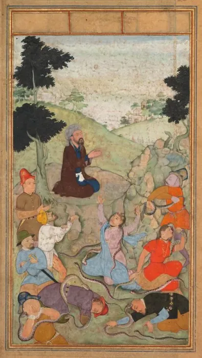 Framed Print : Moses praying to end the serpents attack on the Israelites, from a Mir at al-quds Framed Print : Moses praying to end the serpents attack on the Israelites, from a Mir at al-quds