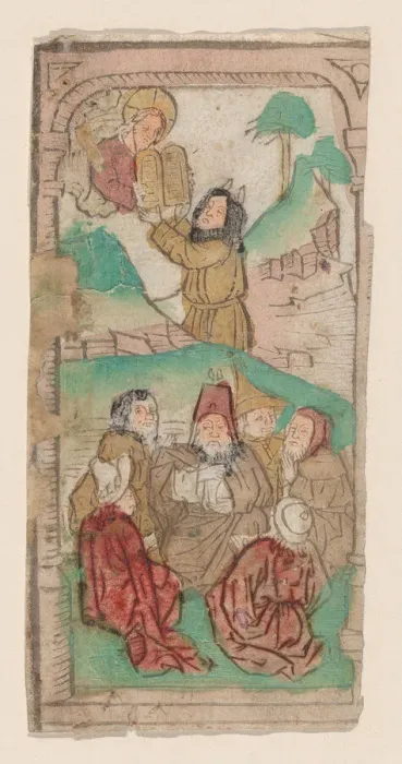 Framed Print : Moses Receiving the Law, illustration from a Biblia Pauperum blockbook, 4th edition, c... ca. 1465. Creator: Anon Framed Print : Moses Receiving the Law, illustration from a Biblia Pauperum blockbook, 4th edition, c... ca. 1465. Creator: Anon