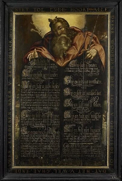 Moses showing the Tables of the Law with the Ten Commandments in Calligraphy, c.1600. Creator: Anon