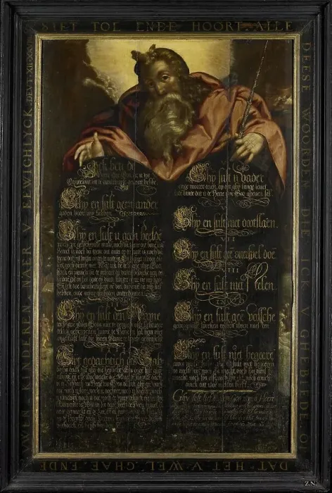 Framed Print : Moses showing the Tables of the Law with the Ten Commandments in Calligraphy, c.1600. Creator: Anon Framed Print : Moses showing the Tables of the Law with the Ten Commandments in Calligraphy, c.1600. Creator: Anon
