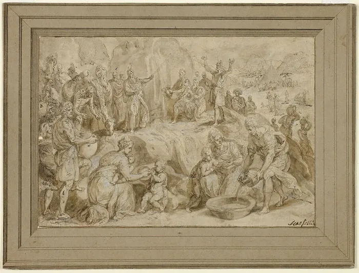 Framed Print : Moses Striking Water from the Rock, n.d. Creators: Chrispijn van den Broeck, Scarsellino Framed Print : Moses Striking Water from the Rock, n.d. Creators: Chrispijn van den Broeck, Scarsellino