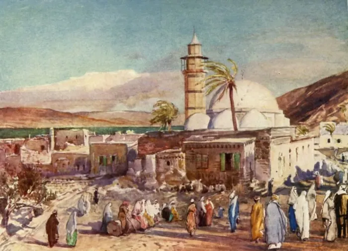 Framed Print : The Mosque at Tiberias and the Lake of Galilee, 1902. Creator: John Fulleylove Framed Print : The Mosque at Tiberias and the Lake of Galilee, 1902. Creator: John Fulleylove