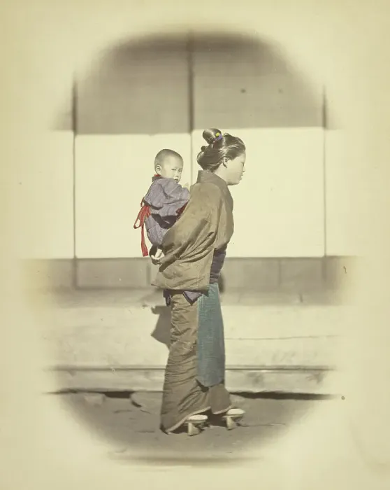Framed Print : Mother with Child in Bunting, about 1868. Creator: Felice Beato Framed Print : Mother with Child in Bunting, about 1868. Creator: Felice Beato