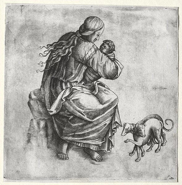 Mother and Child with Two Dogs, late 1400s. Creator: Unknown