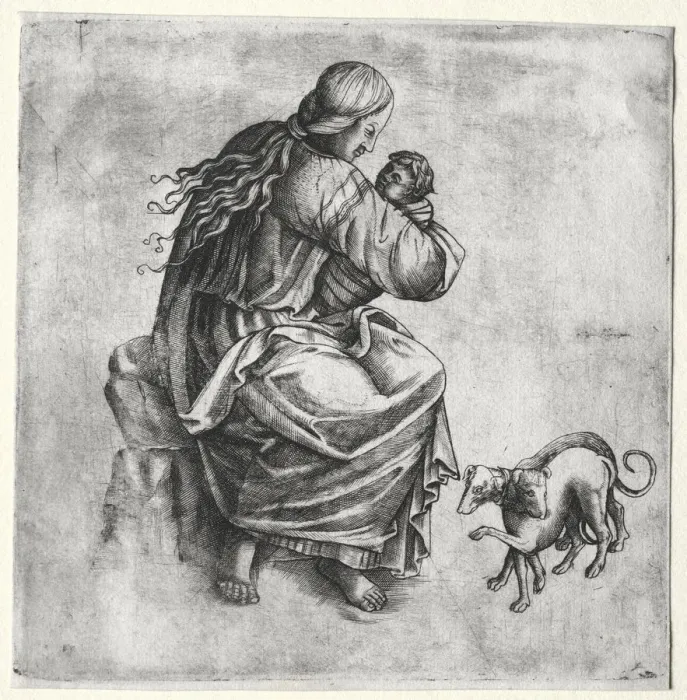 Framed Print : Mother and Child with Two Dogs, late 1400s. Creator: Unknown Framed Print : Mother and Child with Two Dogs, late 1400s. Creator: Unknown