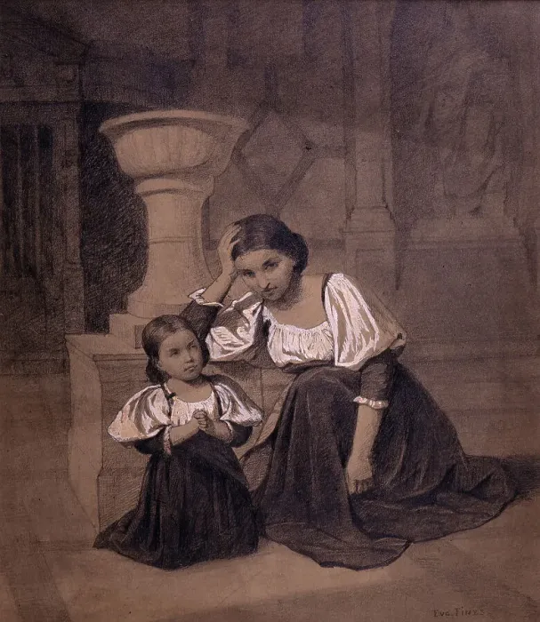 Framed Print : Mother and Child in Prayer, 19th century. Creator: Eugene Francois Fines Framed Print : Mother and Child in Prayer, 19th century. Creator: Eugene Francois Fines