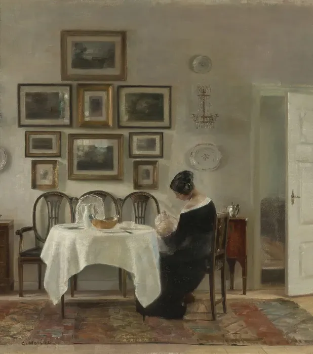 Framed Print : Mother and Child at the table. Artist: Holsoe, Carl (1863-1935) Framed Print : Mother and Child at the table. Artist: Holsoe, Carl (1863-1935)