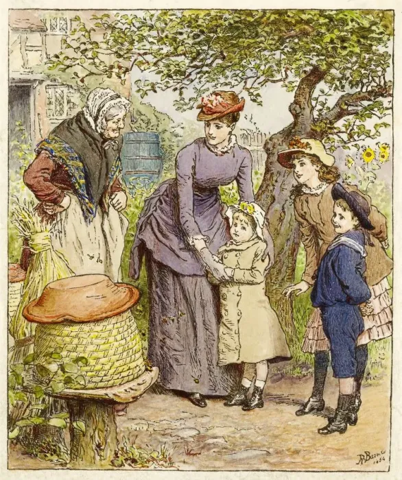 Framed Print : Mother and Children by a Beehive, pub. 1854. Creator: Robert Barnes (1840 - 1895) Framed Print : Mother and Children by a Beehive, pub. 1854. Creator: Robert Barnes (1840 - 1895)