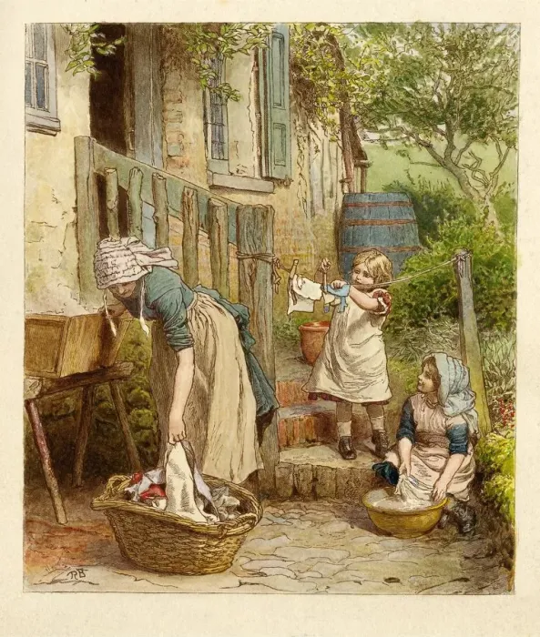 Framed Print : Mother and Children hanging out the Washing, pub. 1854. Creator: Robert Barnes (1840 - 1895) Framed Print : Mother and Children hanging out the Washing, pub. 1854. Creator: Robert Barnes (1840 - 1895)