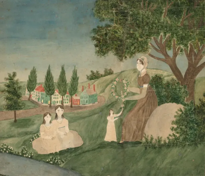 Framed Print : Mother and Three Children Making a Floral Wreath, c. 1825. Creator: Unknown Framed Print : Mother and Three Children Making a Floral Wreath, c. 1825. Creator: Unknown