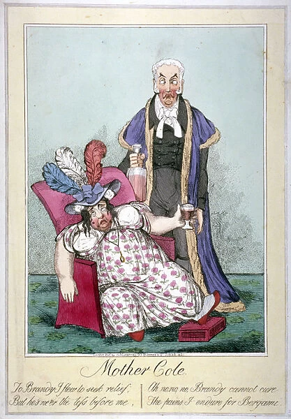 Mother Cole, 1821. An inebriated Queen Caroline is shown slumped in an