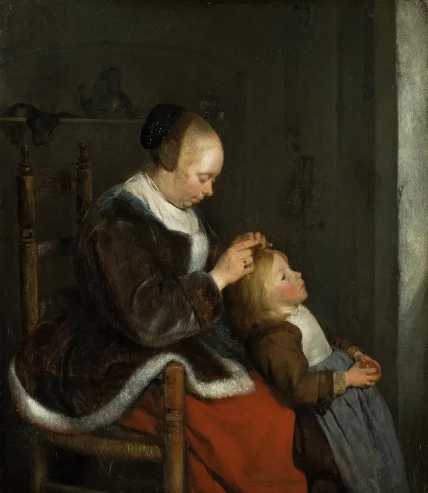 Framed Print : Mother Combing Her Child's Hair, known as Hunting for Lice'. Creator: Gerard Terborch II Framed Print : Mother Combing Her Child's Hair, known as Hunting for Lice'. Creator: Gerard Terborch II