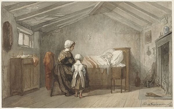 Mother and daughter at a child's sickbed, 1862. Creator: Diederik Franciscus Jamin