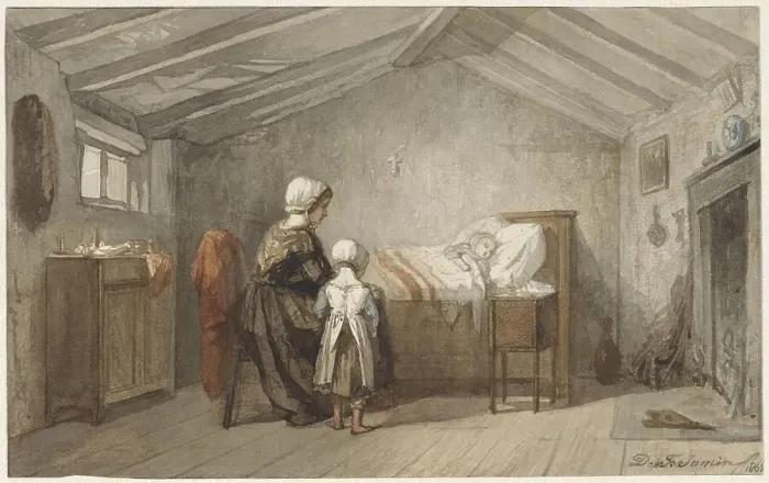Framed Print : Mother and daughter at a child's sickbed, 1862. Creator: Diederik Franciscus Jamin Framed Print : Mother and daughter at a child's sickbed, 1862. Creator: Diederik Franciscus Jamin