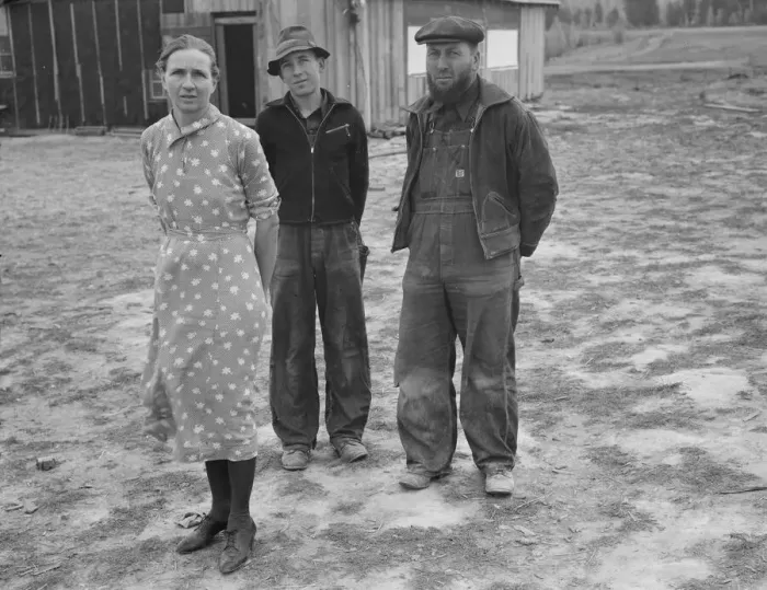 Framed Print : The mother, father, and hardworking fifteen-year-old son in yard... Boundary County, Idaho, 1939. Creator: Dorothea Lange Framed Print : The mother, father, and hardworking fifteen-year-old son in yard... Boundary County, Idaho, 1939. Creator: Dorothea Lange
