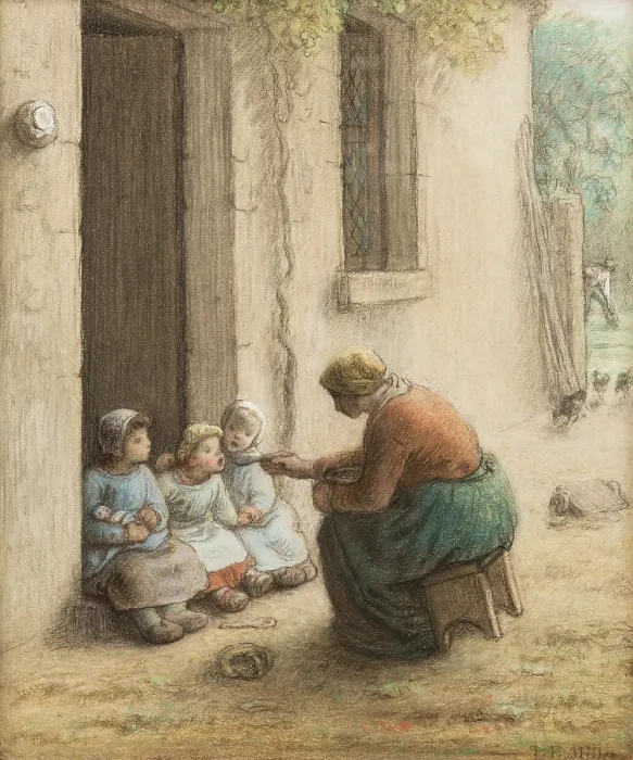 Framed Print : Mother Feeding Her Children, between 1814 and 1875. Creator: Jean Francois Millet Framed Print : Mother Feeding Her Children, between 1814 and 1875. Creator: Jean Francois Millet