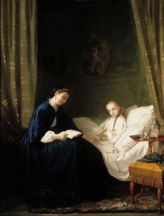 Framed Print : Mother Reading to Her Sick Child, 1859-1862. Creator: Ida Silfverberg Framed Print : Mother Reading to Her Sick Child, 1859-1862. Creator: Ida Silfverberg