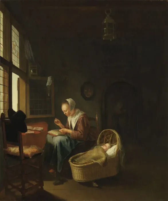 Framed Print : A mother sewing with her child, c. 1670 Framed Print : A mother sewing with her child, c. 1670