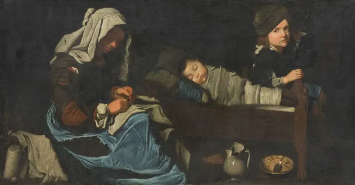 Framed Print : Mother Sewing with Two Children, End of 17th cen Framed Print : Mother Sewing with Two Children, End of 17th cen