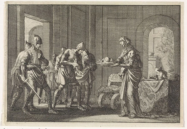 Mother shows warriors the remains of her eaten child during the famine in Jerusalem, 1704